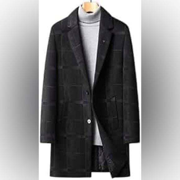 Shein Men’s Wool Blend Overcoat Medium Length Houndstooth Size Medium Black - Picture 1 of 9